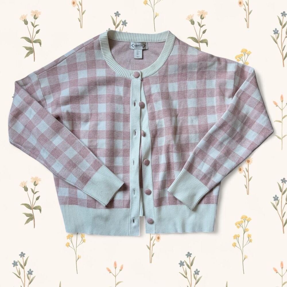 Nanette Lepore Pink Gingham Coquette Cardigan Sweater Large